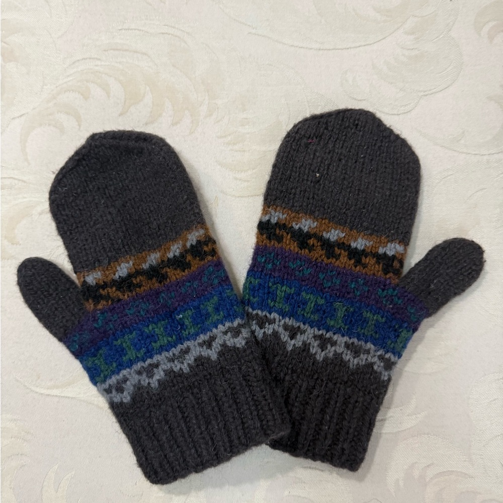 Hand Knit Bolivian Wool Mittens Fair‎ Isle Pattern Winter Gloves